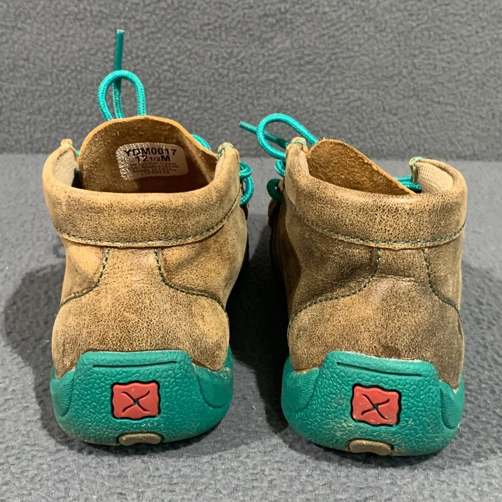 Twisted X Kids Driving Moc Chukka Brown Turquoise Leather Shoes YDM0017 Sz 12.5